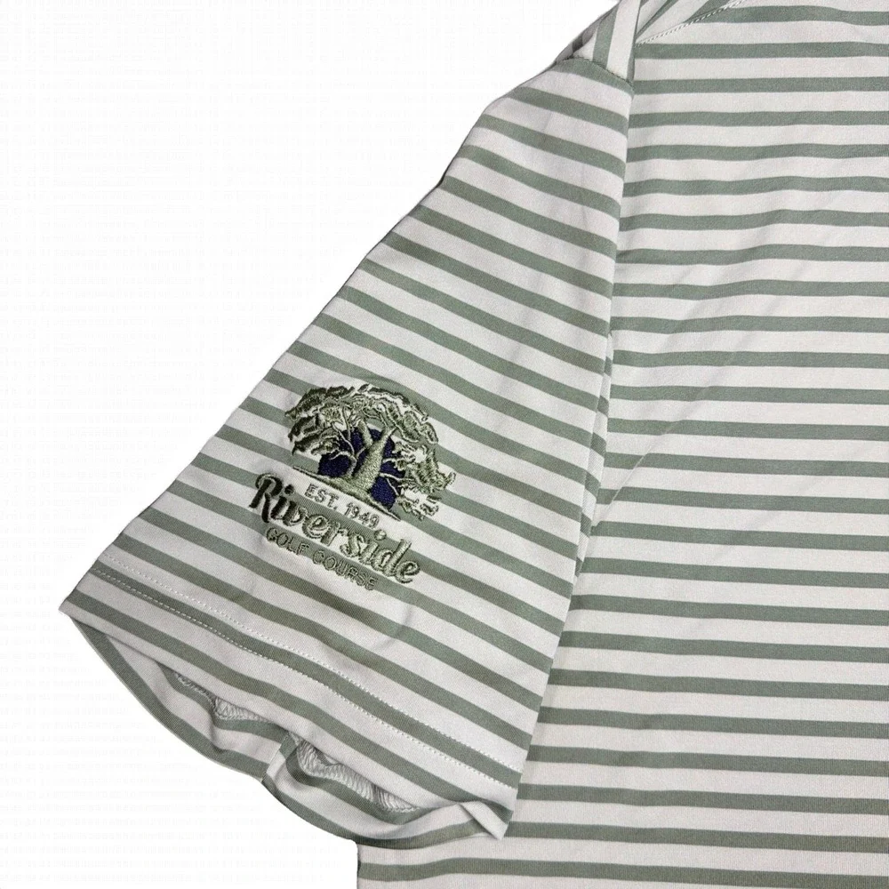 Adidas Golf Shirt‎ Mens Medium Light Green Striped Riverside Golf Course Polo